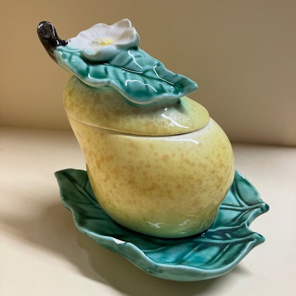 Vtg 50s Ceramic Pear Jam Pot or Condiment Dish with Lid+Spoon 4" Japan